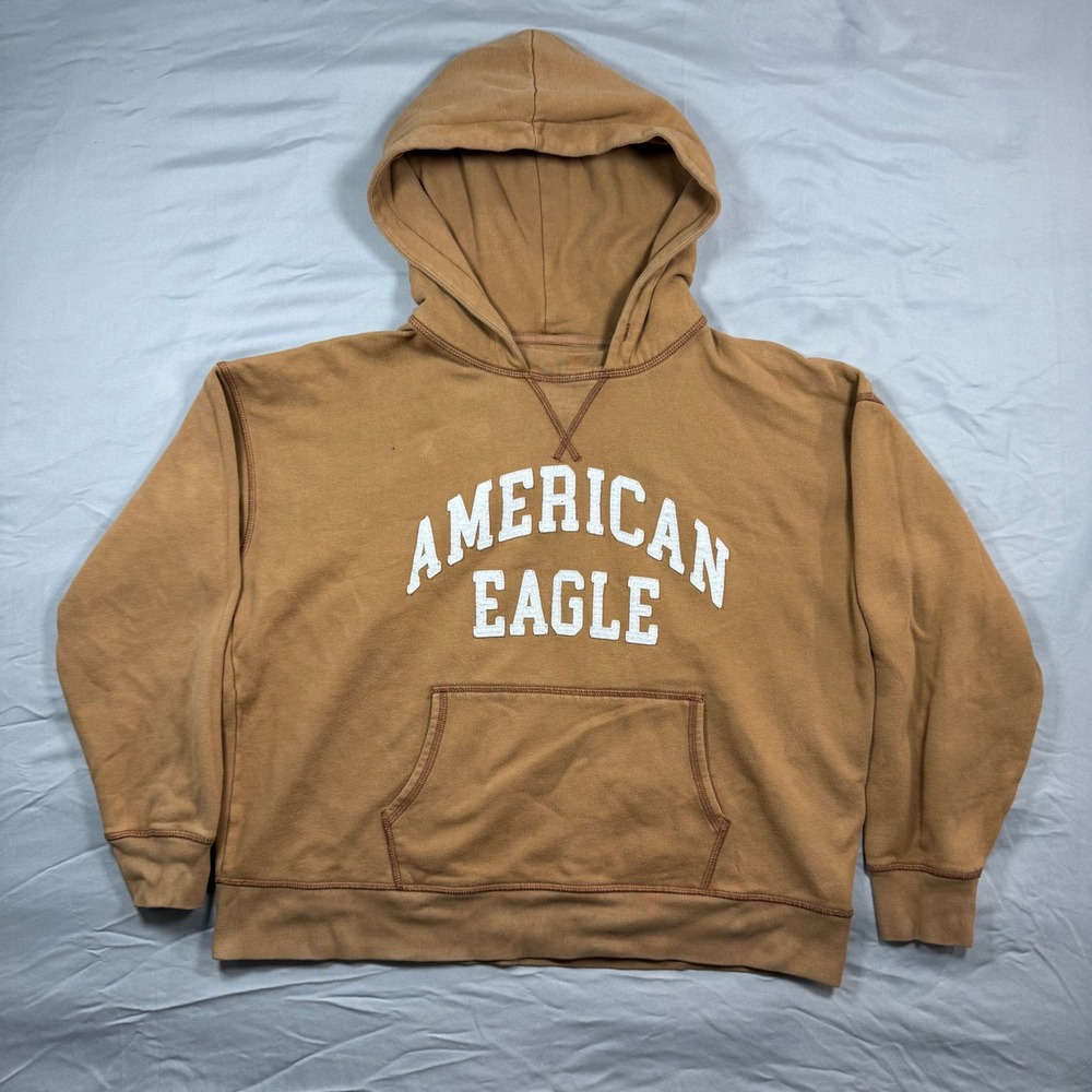 VTG American Eagle Super Soft Fleece Pullover Hoodie Womens XS Light Brown Y2K